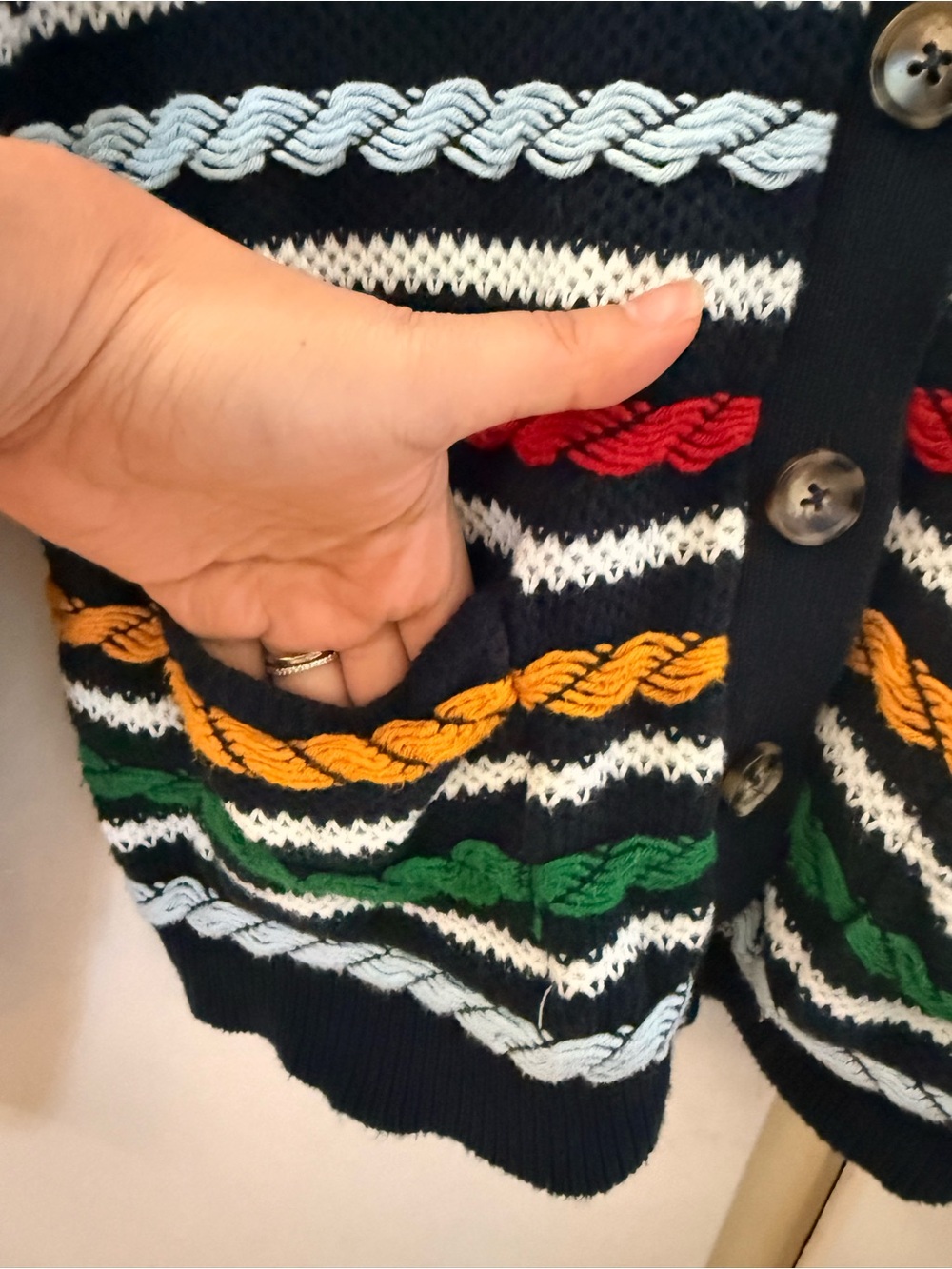 La Ligne Navy Striped Cable-Knit Cardigan with Red, Green & Yellow Accents - Picture 6 of 7